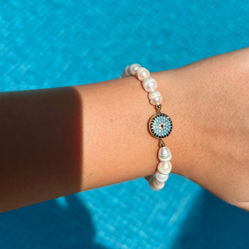 Calliope Pearl Bracelet - Circular Evil Eye